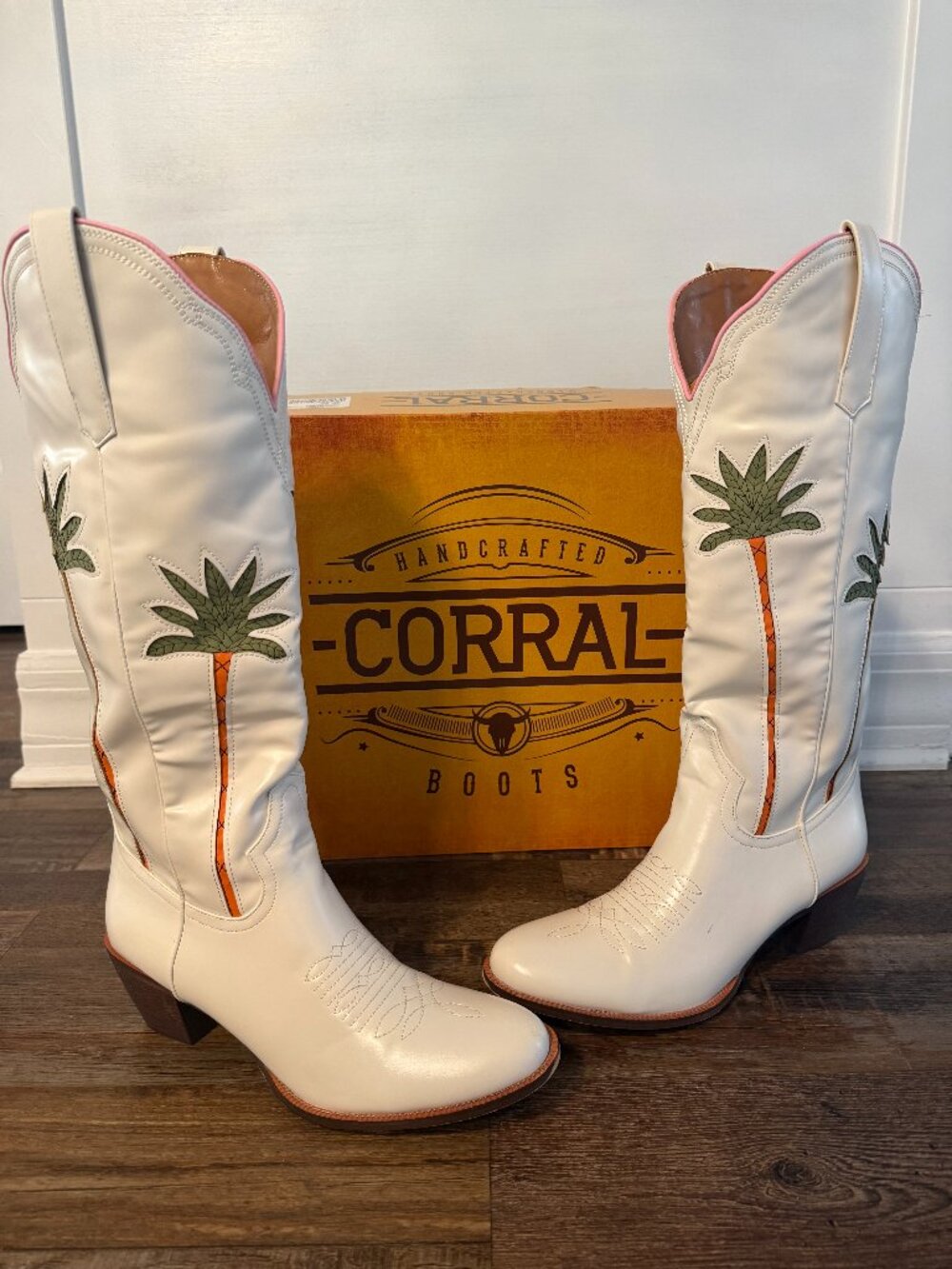 Corral White Leather Palm Tree Inlay Western Cowgirl Boots Women's 9